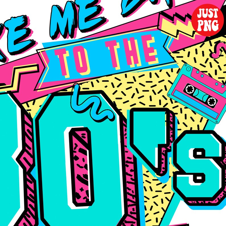 May include: A graphic design with the text "Take Me Back To The 90s" in a retro style with a cassette tape and a colorful background.