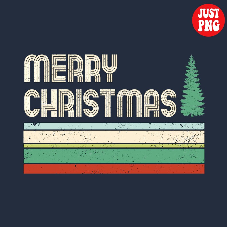 May include: Retro-style graphic design with the text "Merry Christmas" in white with a layered effect. The text is above a series of horizontal stripes in red, green, yellow, and blue. A green silhouette of a Christmas tree is on the right side of the design.