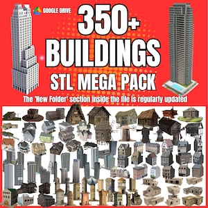Könnte beinhalten: Ein roter Hintergrund mit dem Text "350+ BUILDINGS STL MEGA PACK". Das Bild zeigt eine Sammlung von 3D-Gebäudemodellen, darunter Wolkenkratzer, Häuser und Türme. Der Text "GOOGLE DRIVE" ist in der oberen linken Ecke zu sehen.