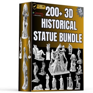 Op de afbeelding: Een productdoos met een verzameling historische 3D-beelden. De doos toont de tekst "200+ 3D Historical Statue Bundle" met een sticker van 75% korting. De beelden zijn wit en tonen verschillende klassieke figuren.