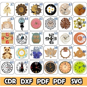 May include: A collection of various decorative wall clocks in different shapes and designs. The clocks include animal shapes, geometric patterns, and classic round faces. The clocks are made of wood and other materials.