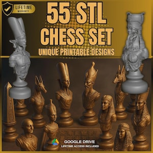Könnte beinhalten: Ein Set von 3D-gedruckten Schachfiguren mit altägyptischem Thema. Die Figuren sind in verschiedenen Braun- und Grautönen gehalten und zeigen detaillierte Büsten von Pharaonen und Göttern. Der Text auf dem Bild lautet "55 STL CHESS SET UNIQUE PRINTABLE DESIGNS".