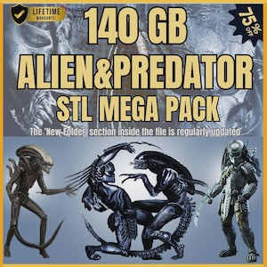 Puede incluir: Un anuncio del pack STL Alien & Predator Mega. La imagen presenta el texto "140 GB" y "75% de descuento". La imagen también muestra varios modelos 3D de los personajes Alien y Predator.