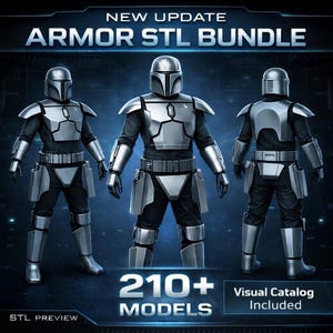 May include: Image of a 3D render of three figures in silver armor. The armor is detailed with a helmet, chest plate, and leg guards. The text reads "NEW UPDATE ARMOR STL BUNDLE" and "210+ MODELS". A visual catalog is included.