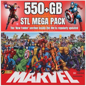 May include: A red banner with the text "550+GB STL MEGA PACK" and "MARVEL" at the bottom. The image features Iron Man and Captain America, along with a large group of Marvel characters. The text "The 'New Folder' section inside the file is regularly updated" is also present.