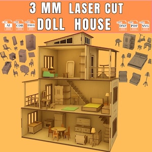 Peut inclure: Une maison de poupée découpée au laser à trois étages avec des meubles et accessoires miniatures. La maison de poupée est en bois clair et comprend diverses pièces, des escaliers et un balcon. Le texte "3 MM LASER CUT DOLL HOUSE" est affiché en haut.