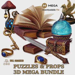 Może przedstawiać: Kolekcja rekwizytów fantasy, w tym otwarta książka, świecąca kula, skrzynia skarbów, miecz i pierścienie z niebieskimi kamieniami szlachetnymi. Na zdjęciu znajduje się również klucz, lampa i posąg gryfa. Tekst na zdjęciu brzmi "PUZZLES & PROPS 3D MEGA BUNDLE".