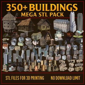 Op de afbeelding: Een digitale afbeelding met een verzameling 3D-modellen van gebouwen, waaronder windmolens, huisjes en wolkenkrabbers. De afbeelding bevat de tekst "350+ BUILDINGS MEGA STL PACK" en "STL FILES FOR 3D PRINTING". De gebouwen zijn in diverse stijlen en kleuren.