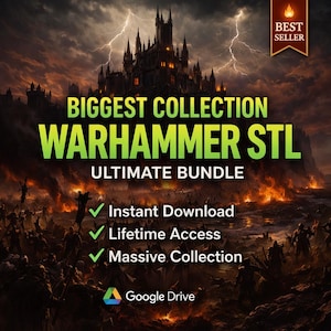 Puede incluir: Imagen digital que promociona un Warhammer STL Ultimate Bundle. La imagen presenta un castillo gótico bajo un cielo tormentoso con el texto "BIGGEST COLLECTION WARHAMMER STL ULTIMATE BUNDLE". Incluye "Descarga instantánea", "Acceso de por vida" y "Colección masiva".