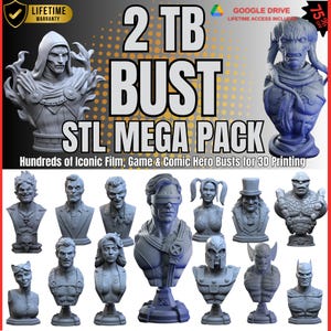Puede incluir: Imagen promocional que muestra una colección de bustos impresos en 3D de personajes icónicos de películas, juegos y cómics. La imagen incluye el texto "2 TB BUST STL MEGA PACK" y "Hundreds of Iconic Film, Game & Comic Hero Busts for 3D Printing."