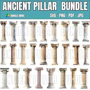 May include: A collection of 20 ancient pillar designs in various styles and colors, including fluted and ornate columns. The image includes the text "ANCIENT PILLAR BUNDLE" and file type information.