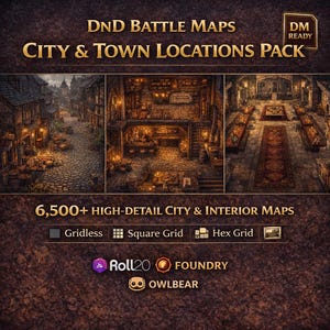 May include: An advertisement for DND Battle Maps, City & Town Locations Pack. The image showcases three detailed city and interior maps. The text highlights over 6,500 high-detail maps, with gridless, square, and hex grid options. DM Ready.