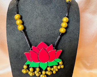 Hand Painted Terracotta Lotus Necklace Set with matching Jhumkas South Indian Kerala Traditional Jewellery