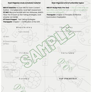 以下が含まれることがあります： 薄い灰色の背景と手書きのメモが付いた、毎週の学習プランナー。プランナーには、学習セッションのトピックと目標を含む、週の各曜日のセクションが含まれています。「SAMPLE」という単語が画像全体に印刷されています。
