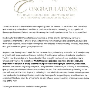 以下が含まれることがあります： 装飾的なフォントで「CONGRATULATIONS」という言葉が書かれた白いドキュメント。 下のテキストは「YOU HAVE DONE ALL THE HARD WORK TO GET TO THIS POINT; YOU SHOULD BE PROUD！」と書かれています。 作業療法学生向けのドキュメント。