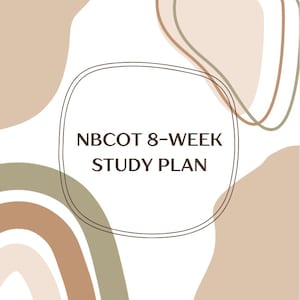 Könnte beinhalten: Ein Studienplan mit dem Titel "NBCOT 8-WEEK STUDY PLAN" wird auf weißem Hintergrund angezeigt. Das Design umfasst abstrakte Formen in Braun- und Grüntönen sowie einen Regenbogenbogen am unteren Rand. Das Jahr "2025" steht oben.