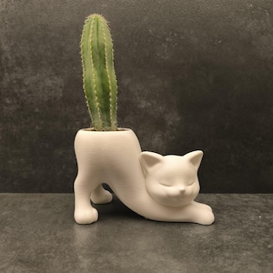 May include: A white ceramic cat-shaped plant pot holding a green cactus. The cat is depicted stretching with its eyes closed. A unique decorative item for the home.