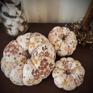 Peut inclure: Trois citrouilles en tissu de tailles variées avec un motif floral dans des tons marron, beige et crème. Chaque citrouille est surmontée d'une petite tige en brindille marron foncé. Le tissu est segmenté, créant un aspect arrondi et rembourré.