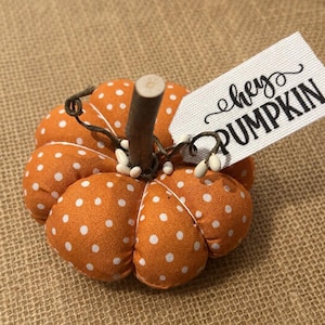 May include: A stuffed fabric pumpkin in orange with white polka dots, featuring a brown wooden stem, thin dark brown curly vines, and a white fabric tag attached to the stem with the black printed text hey PUMPKIN in a script and serif font.