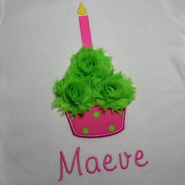 GIRLS Hot Pink Green Dots Chiffon Shabby Rose Personalized Birthday Flower Cupcake Candle Baby Onesie Toddler Shirt 1st First Party Outfit