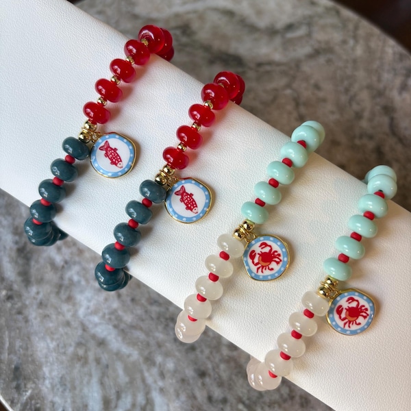 Coastal Rondelle Bead Bracelet with Fish and Crab Charms, 14k Gold Filled Clasp