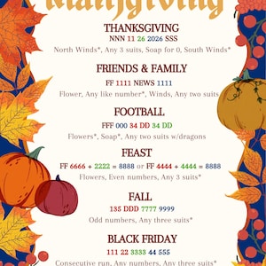 May include: A festive poster with the word "Mahjgiving" at the top. It features fall-themed graphics, including pumpkins and leaves, and text detailing rules for a game. The background is a deep blue.