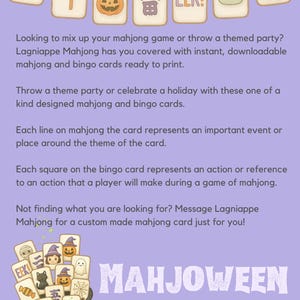 Puede incluir: Un folleto digital de color morado claro para Mahjoween Bingo con una guirnalda de fichas de mahjong con tem&aacute;tica de Halloween, un caldero negro lleno de fichas ilustradas y texto sobre tarjetas de mahjong y bingo descargables de Lagniappe Mahjong.