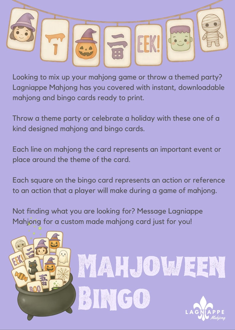 Puede incluir: Un folleto digital de color morado claro para Mahjoween Bingo con una guirnalda de fichas de mahjong con tem&aacute;tica de Halloween, un caldero negro lleno de fichas ilustradas y texto sobre tarjetas de mahjong y bingo descargables de Lagniappe Mahjong.