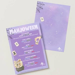 May include: Two rectangular game score cards with a purple background and black spiderweb corners. The front card features the title MAHJOWEEN, a list of Halloween-themed game combinations, and illustrations of mahjong tiles and a cauldron.