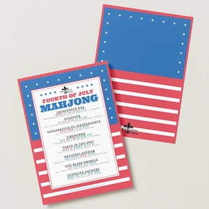 May include: Two Fourth of July Mahjong game cards. The cards have a red and white striped bottom and a blue top with white stars. The front card has the text "Fourth of July Mahjong" and other related text.