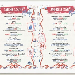 May include: Two decorative cards with patriotic themes. The cards feature text about America's 250th birthday, the Fourth of July, and other patriotic themes. The cards have a red, white, and blue color scheme with illustrations of fireworks and baseballs.