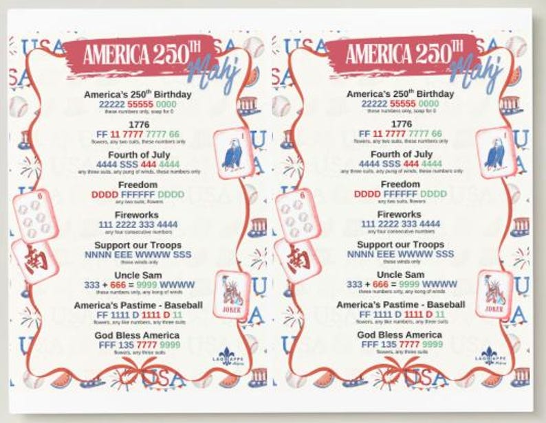 May include: Two decorative cards with patriotic themes. The cards feature text about America's 250th birthday, the Fourth of July, and other patriotic themes. The cards have a red, white, and blue color scheme with illustrations of fireworks and baseballs.