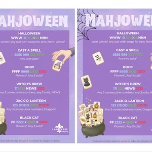 Puede incluir: Una tarjeta de puntuaci&oacute;n Mahjoween morada con manos de Mahjong de tem&aacute;tica de Halloween. El texto enumera combinaciones como Cast a Spell, Boo, Witch's Brew, Jack-o-Lantern y Black Cat con patrones de fichas y un caldero lleno.