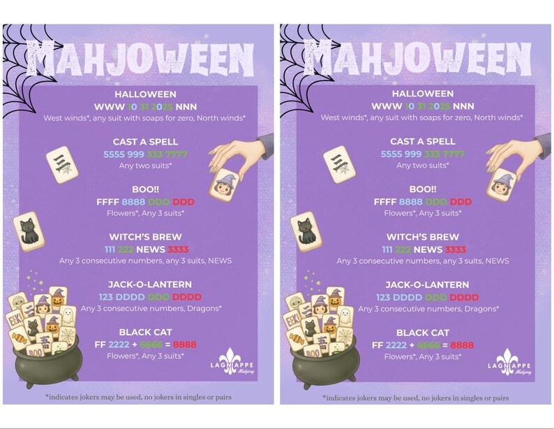 Puede incluir: Una tarjeta de puntuaci&oacute;n Mahjoween morada con manos de Mahjong de tem&aacute;tica de Halloween. El texto enumera combinaciones como Cast a Spell, Boo, Witch's Brew, Jack-o-Lantern y Black Cat con patrones de fichas y un caldero lleno.
