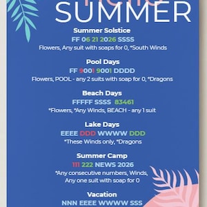 May include: A blue poster with the words "hello SUMMER" in white and pink. The poster includes text about summer activities, dates, and instructions, with decorative tropical leaves in blue and pink.