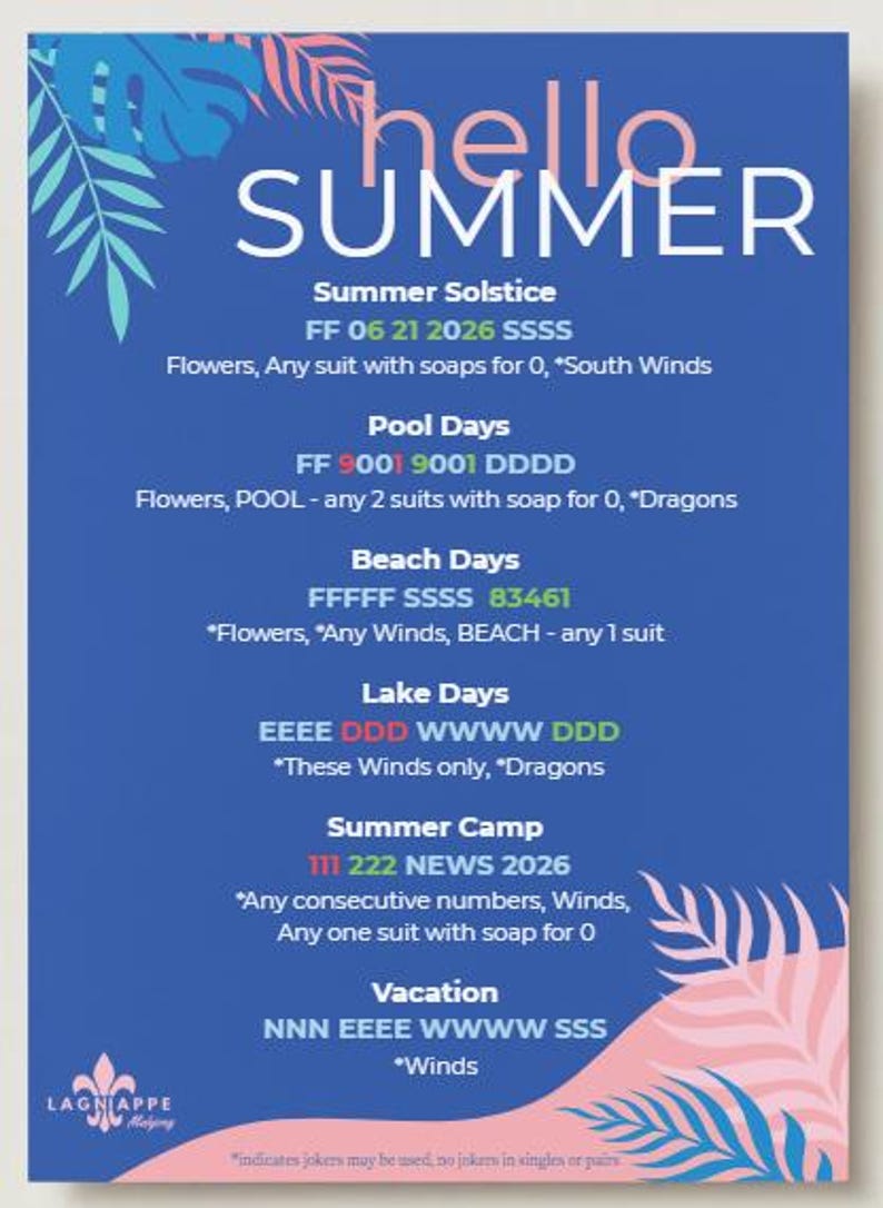 May include: A blue poster with the words "hello SUMMER" in white and pink. The poster includes text about summer activities, dates, and instructions, with decorative tropical leaves in blue and pink.