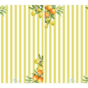 May include: A yellow and white striped pattern with watercolor illustrations of oranges and lemons. The fruit and leaves are arranged in the corners of the image.