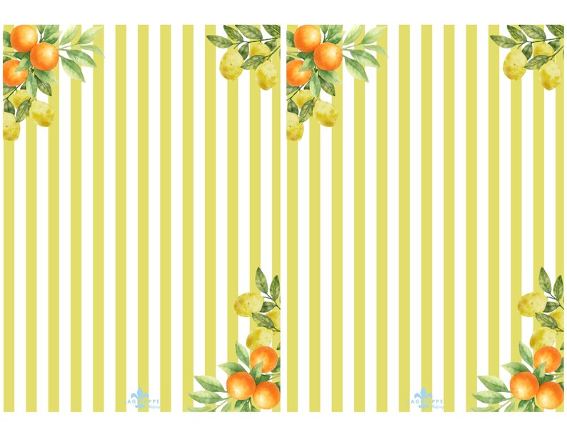 May include: A yellow and white striped pattern with watercolor illustrations of oranges and lemons. The fruit and leaves are arranged in the corners of the image.