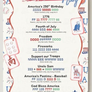May include: A decorative poster with a patriotic theme, featuring text and Mahjong tiles. The text includes phrases like "America 250th" and "Fourth of July", along with various number combinations. The color scheme is red, white, and blue.