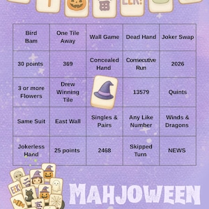 Puede incluir: Una tarjeta de juego Mahjoween Bingo sobre un fondo morado con una guirnalda de fichas de Halloween en la parte superior. La cuadr&iacute;cula contiene textos y una ficha con un sombrero de bruja. Un caldero con fichas de Mahjong est&aacute; abajo a la izquierda.