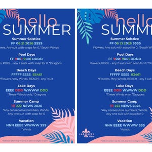 May include: Two blue posters with the words "hello SUMMER" in white. The posters have text about summer events, with pink and blue floral and leaf designs. The text includes dates and event names.