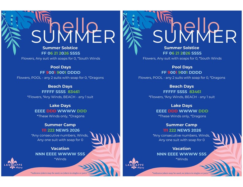 May include: Two blue posters with the words "hello SUMMER" in white. The posters have text about summer events, with pink and blue floral and leaf designs. The text includes dates and event names.