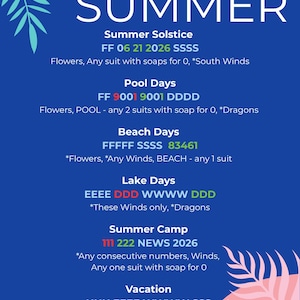 May include: A blue promotional graphic with the words "hello SUMMER" in white. The graphic lists various summer-themed events, including "Summer Solstice," "Pool Days," and "Beach Days," with associated codes and details.
