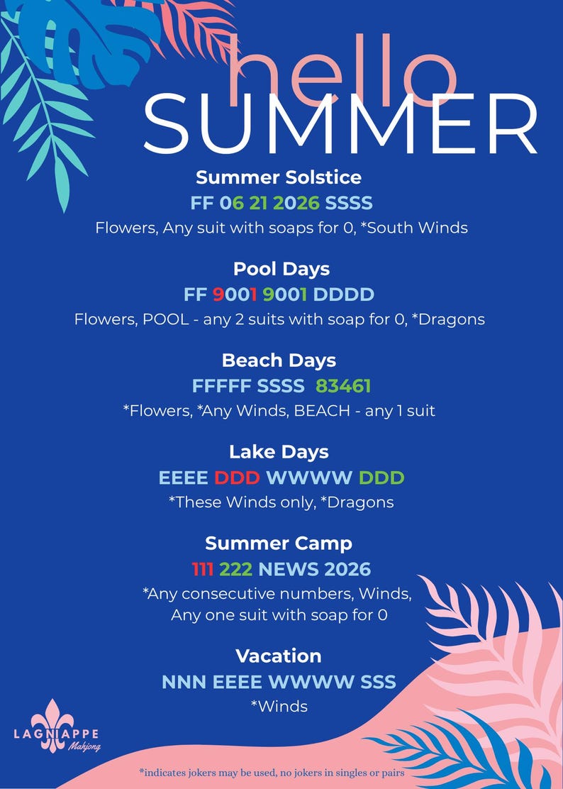 May include: A blue promotional graphic with the words "hello SUMMER" in white. The graphic lists various summer-themed events, including "Summer Solstice," "Pool Days," and "Beach Days," with associated codes and details.
