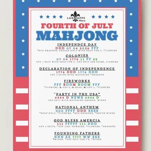 May include: A patriotic Fourth of July Mahjong game guide. The red, white, and blue design features stars and stripes, with game instructions and phrases like "Party in the USA" and "God Bless Amercia". The text is in a bold, easy-to-read font.