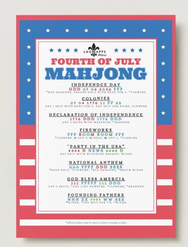 May include: A patriotic Fourth of July Mahjong game guide. The red, white, and blue design features stars and stripes, with game instructions and phrases like "Party in the USA" and "God Bless Amercia". The text is in a bold, easy-to-read font.