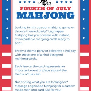 May include: A red, white, and blue Fourth of July Mahjong card design. The card features the text "Fourth of July Mahjong" and includes information about downloadable mahjong cards for themed parties.