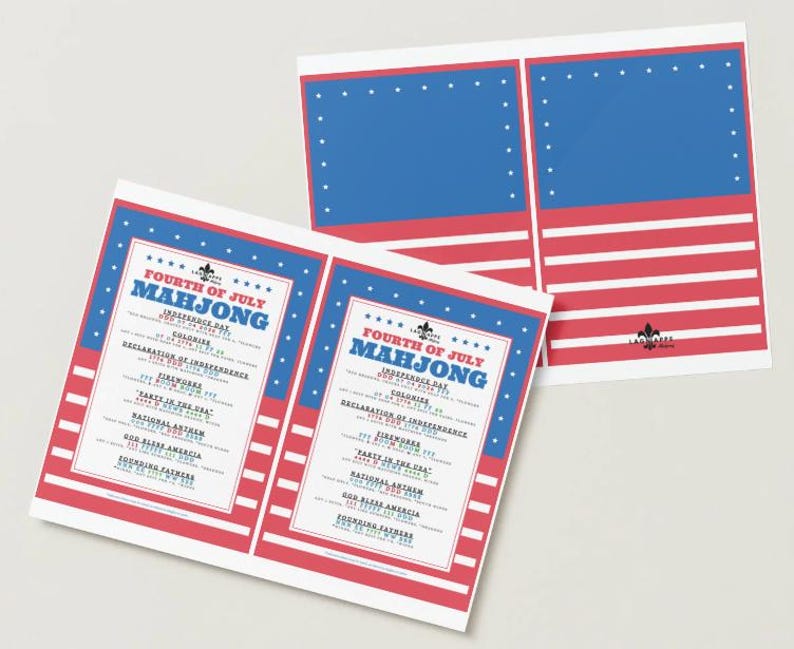 May include: Two Fourth of July Mahjong game sheets with a red, white, and blue color scheme. The sheets feature the text "Fourth of July Mahjong" and a list of related events. The design incorporates stars and stripes.