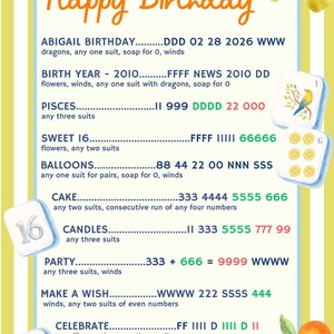 May include: A colorful birthday-themed graphic with the words "Happy Birthday" in orange script. The design includes decorative elements like lemons, oranges, and game tiles with numbers and symbols. Text details birthday-related prompts.