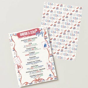 May include: Two sheets of paper with patriotic designs. One features a list of numbers and phrases related to America's 250th birthday, including "America's Pastime - Baseball." The other has a repeating pattern of "USA," baseballs, watermelons, and Uncle Sam hats.